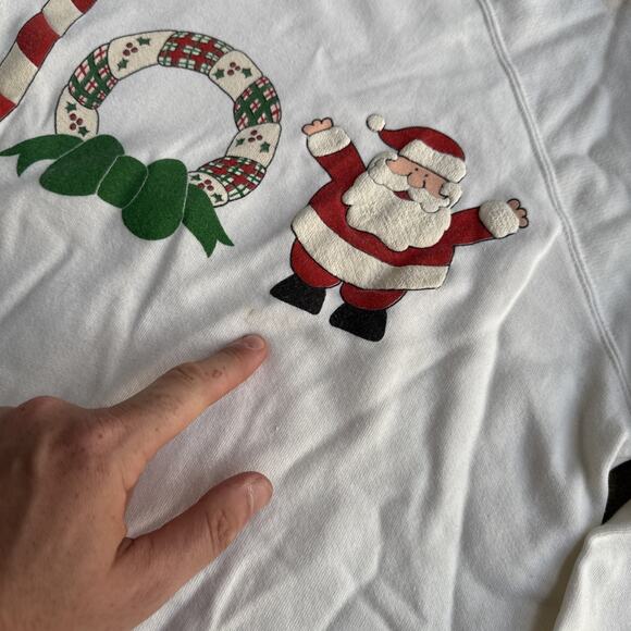 Vintage Joy Christmas Pullover Crewneck Puff Print Santa Claus White Size Large - Picture 8 of 9